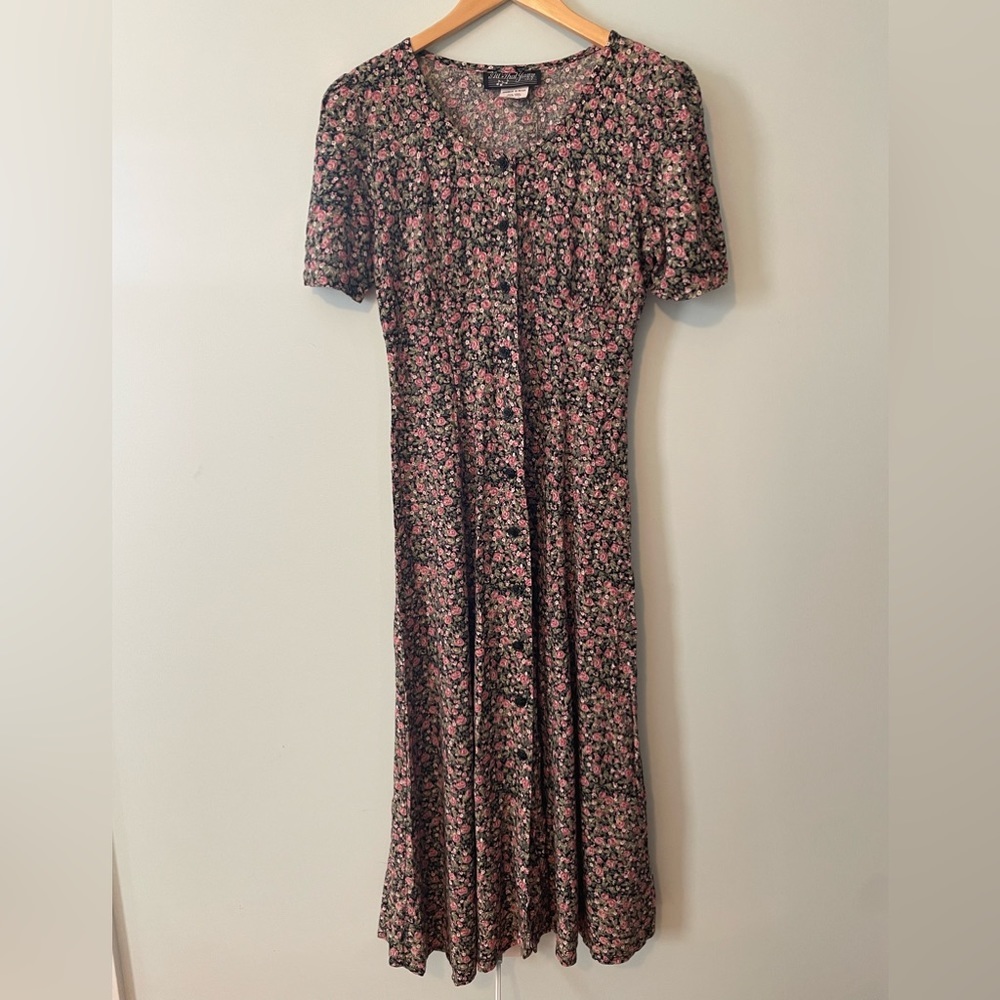 Vintage Black Floral Maxi Dress with Pink and Green Prints - Picture 8 of 13
